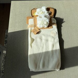 Cream Knit Baby Blanket with Floral Accent